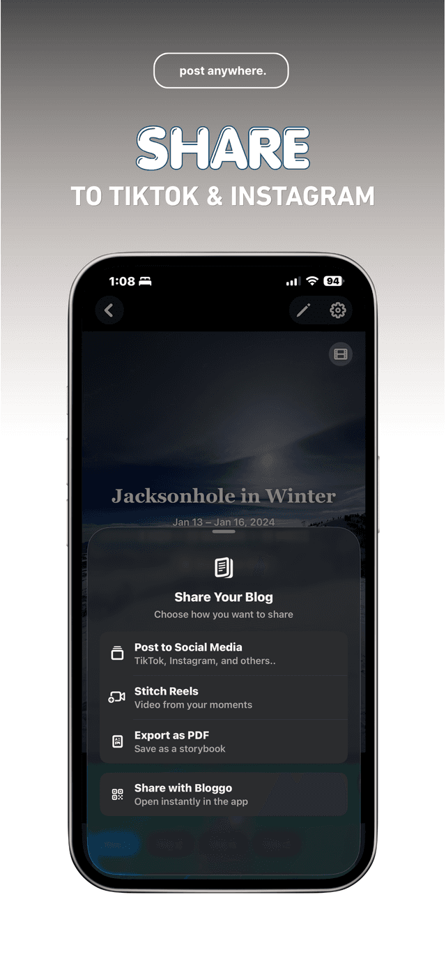 Bloggo's share sheet with options to post to social media, stitch reels, and export as PDF