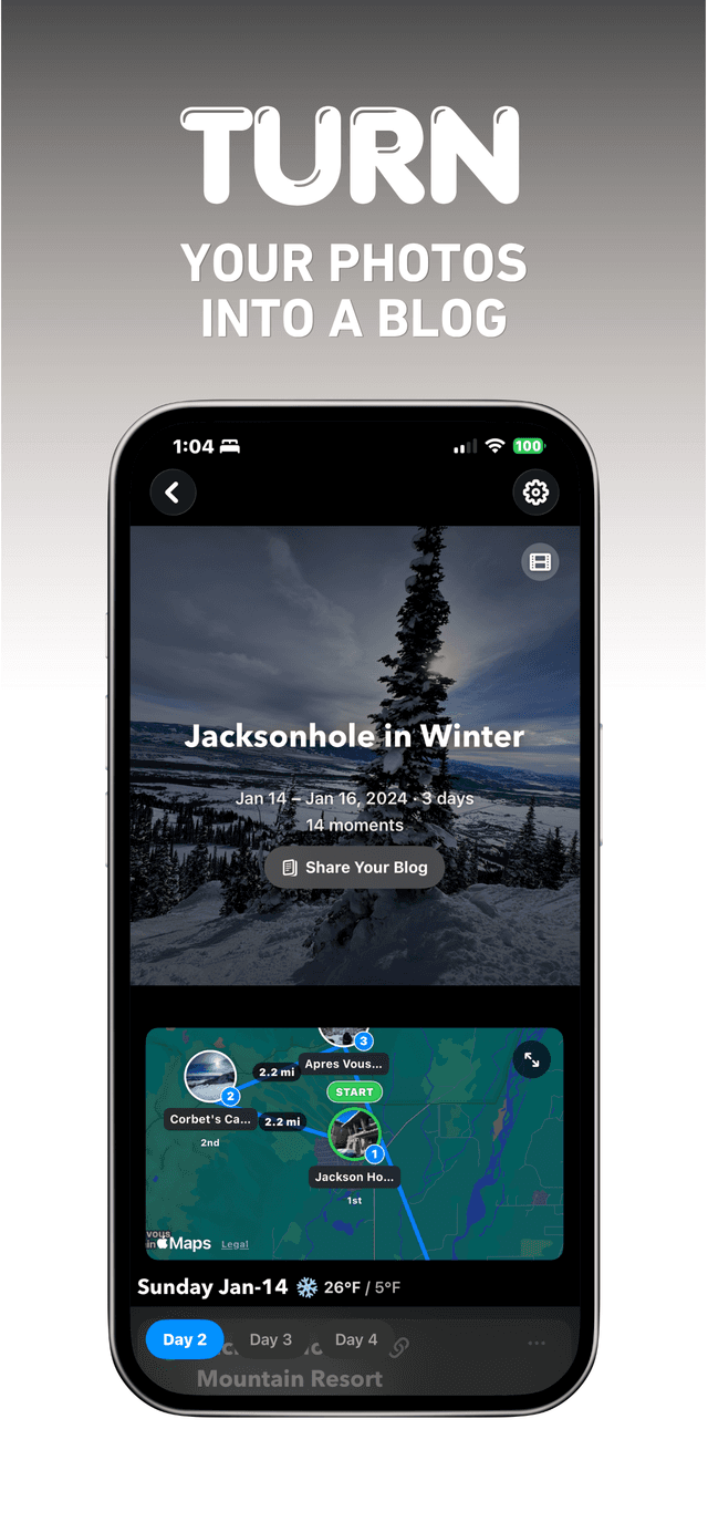 A finished Bloggo travel blog cover for a winter trip, with trip dates, moment count, and a route map