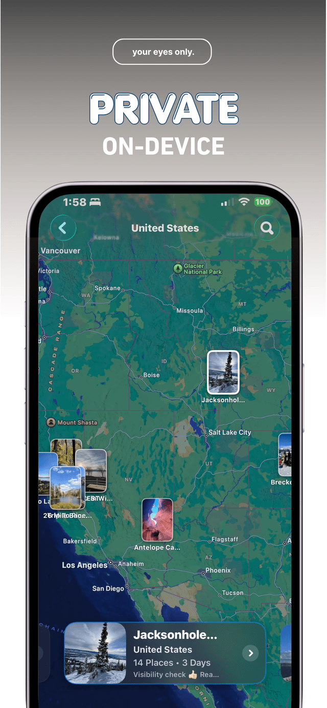 A private on-device map in Bloggo showing photo pins across the United States