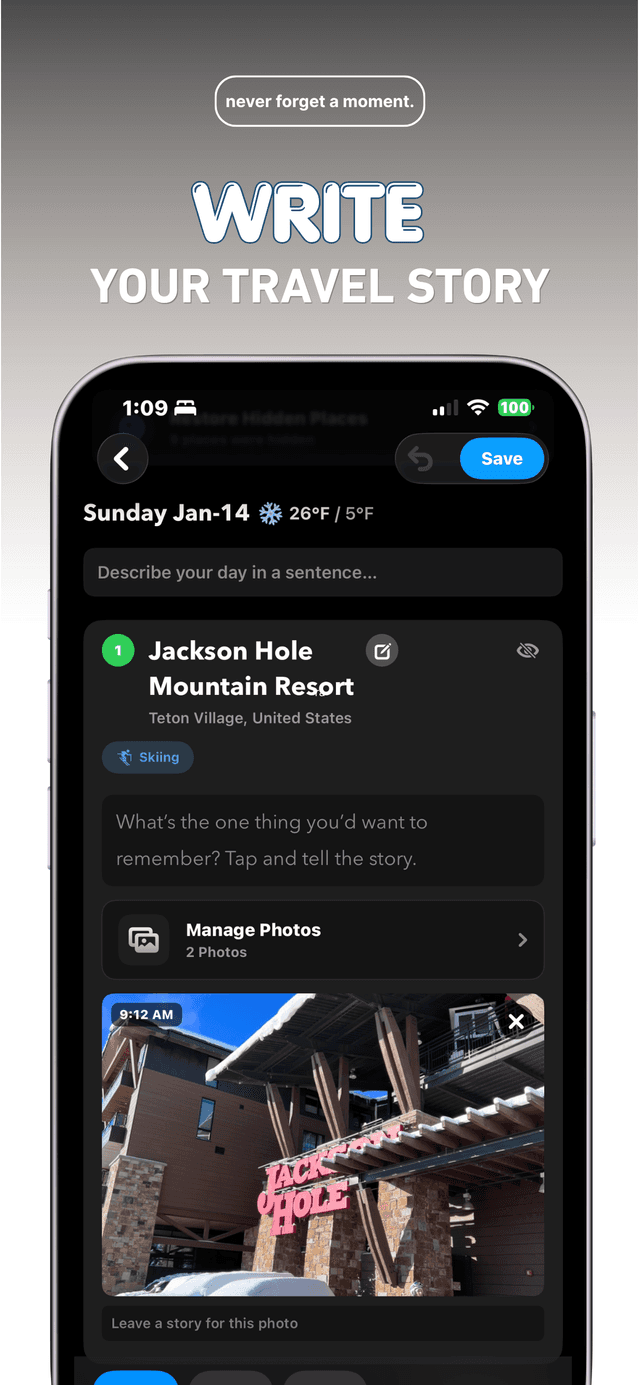 Bloggo's editor showing a day summary field, a place card, and photo captions ready to edit